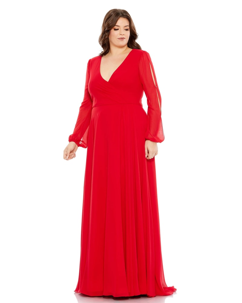 Front of a model wearing a size 12W Split Puff Sleeve Faux Wrap A Line Gown in Red by Mac Duggal. | dia_product_style_image_id:290037